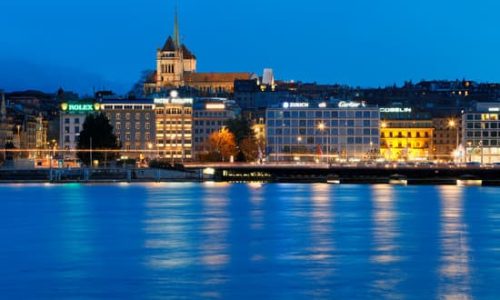 Quai Gusrave - Ador overlooking Lake Geneva illuminated at dusk, Geneva, Switzerland, long exposure with tripod